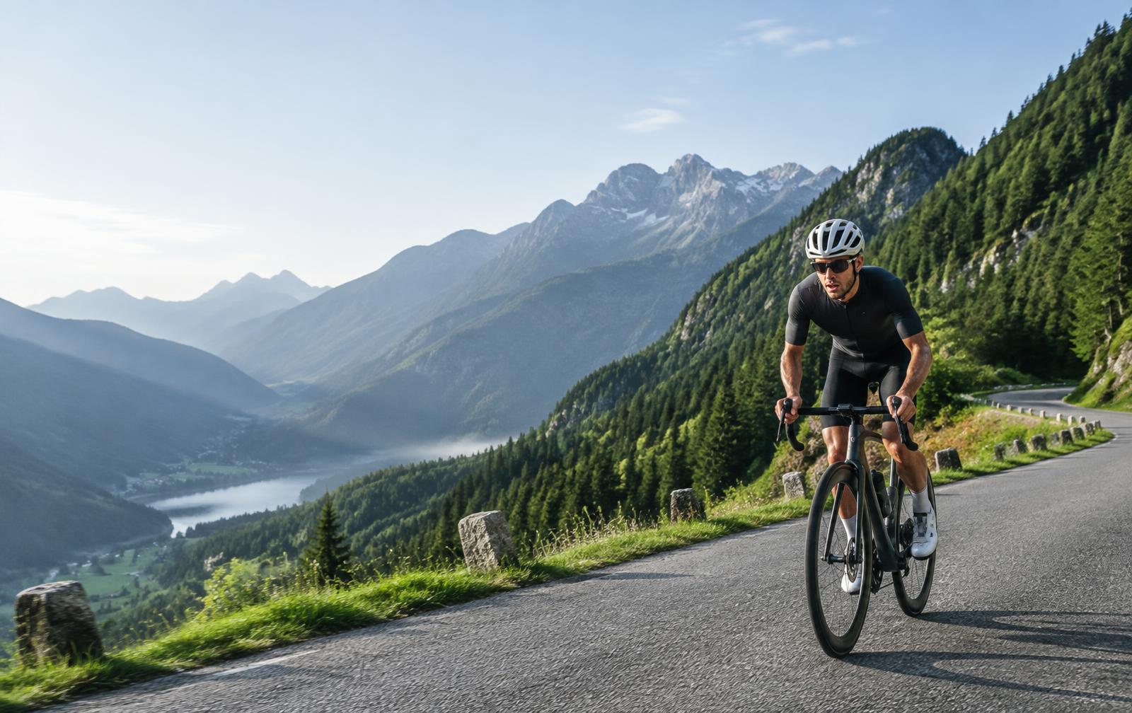 Endurance cyclist climbing an alpine road
